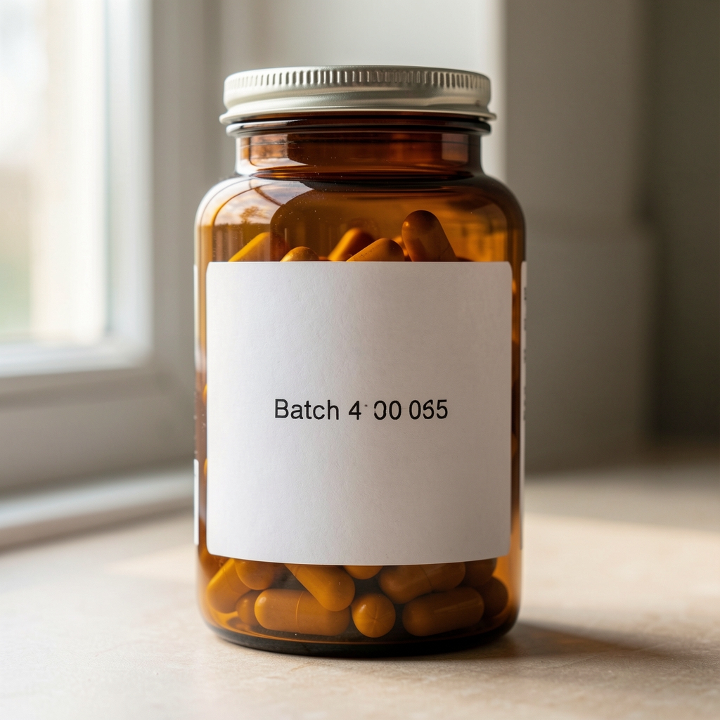 Close-up of amber supplement container with batch code label, natural light from a side window illuminating the textured surface