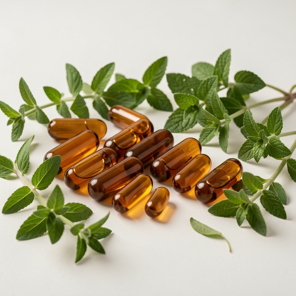 Solev Adapt amber capsules arranged on botanical background, green herb leaves, clean workspace setting, Warsaw studio