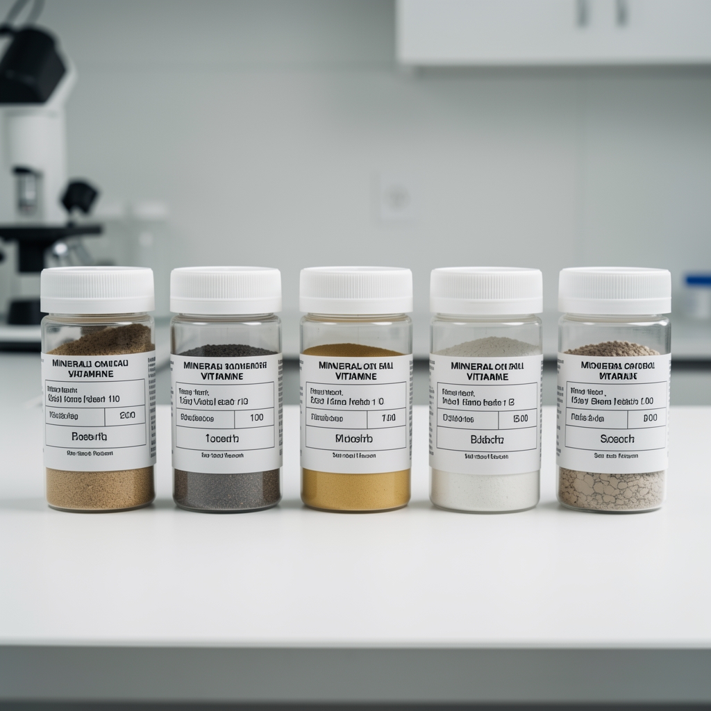 Six individual mineral and vitamin sample containers with batch labels arranged in a row on a white laboratory bench surface under controlled studio lighting