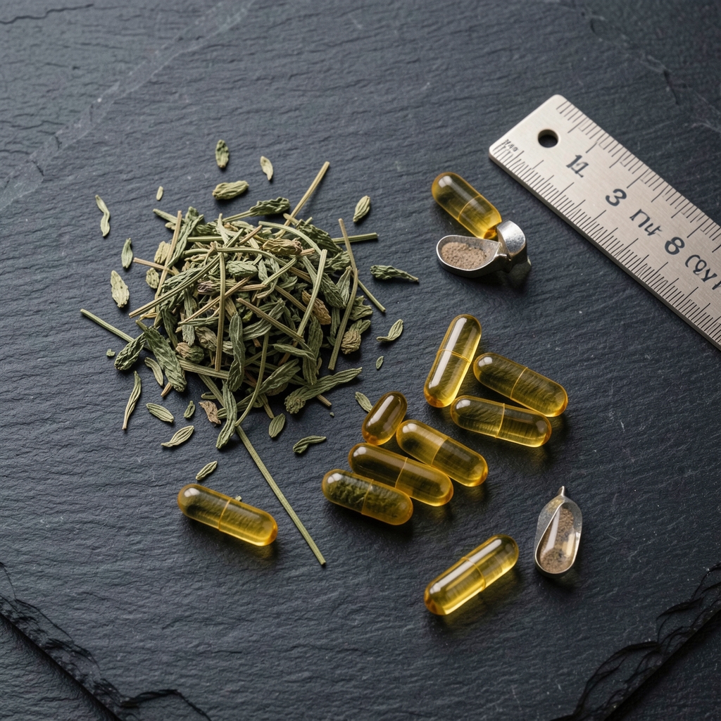 Plant-based supplement ingredients including dried green herbs, yellow capsules, and measurement weights on a dark slate surface with a ruler visible