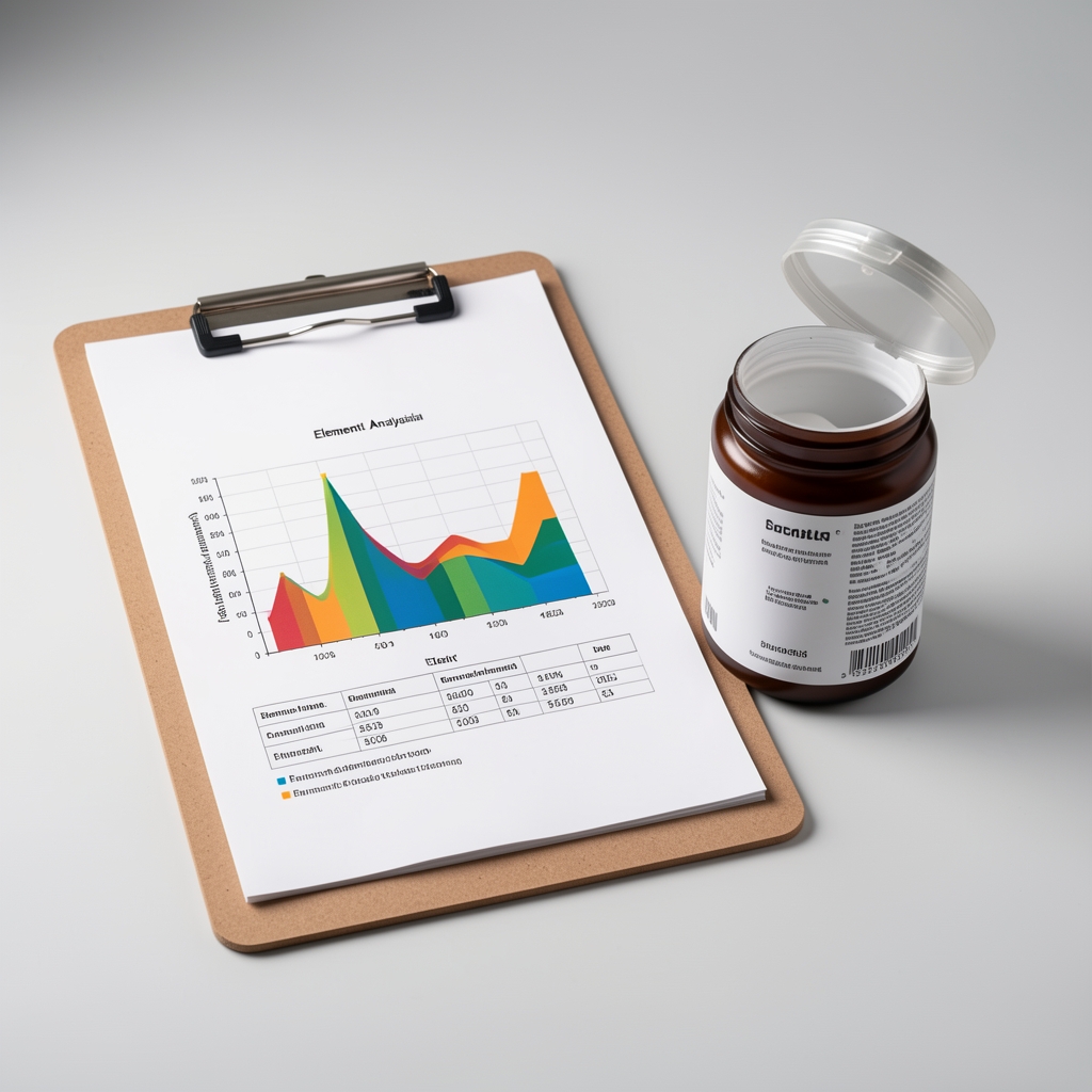 Elemental analysis chart printout on a clipboard next to an open supplement container under controlled studio lighting